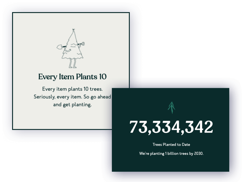 mockup 1 Sustainable Marketing Campaign in eCommerce: 8 Impactful Ideas for Brands 4 Tentree tree planting counter with every purchase. 73,334,342 trees planted so far.