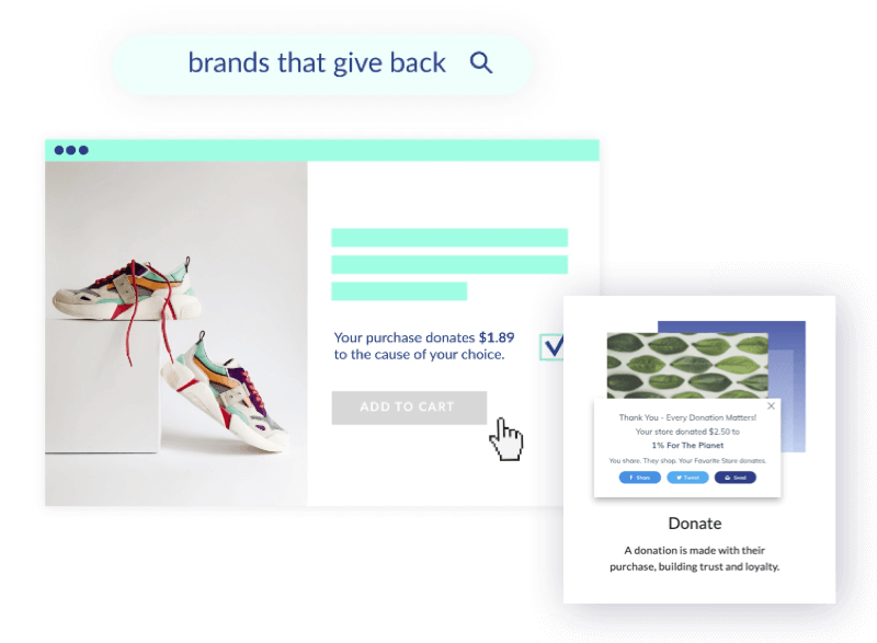mockup 2 Sustainable Marketing Campaign in eCommerce: 8 Impactful Ideas for Brands 3 Shopping Gives brands that give back display page